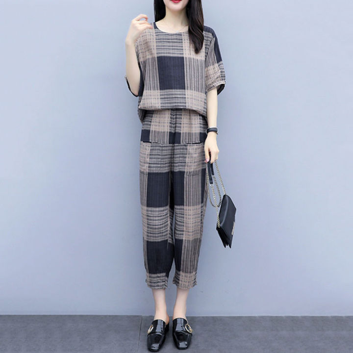 bellylady%202Pcs/set%20Lady%20Short%20Sleeve%20-shirt%20+%20Ninth%20Straight%20Bottom%20Pants%20Summer%20Plaid%20Casual%20Suit%20-%20Image%206