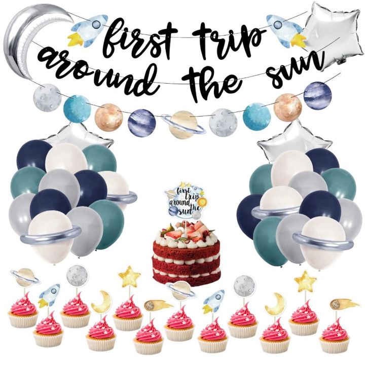 58PCS Solar System Party Balloons Set Space First Trip Around The Sun Decorations Birthday Banner Solar System 1st Birthday Decorations Boy First Trip Around The Sun Cake Topper Galaxy Party Supplies Set