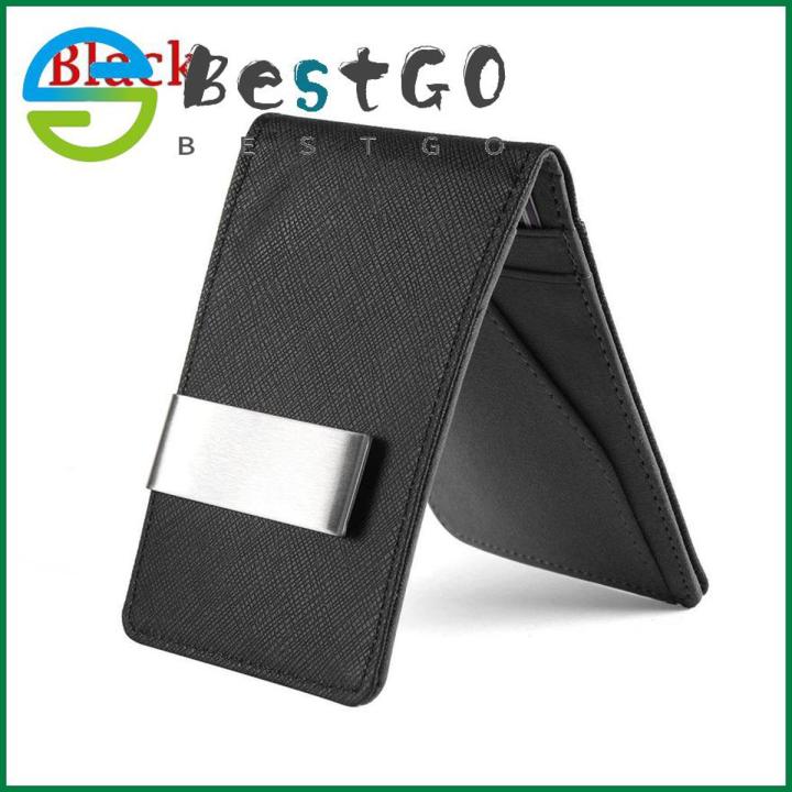 Men Fashion Leather Money Clip Slim Wallets Black ID Credit Card Holder Purse