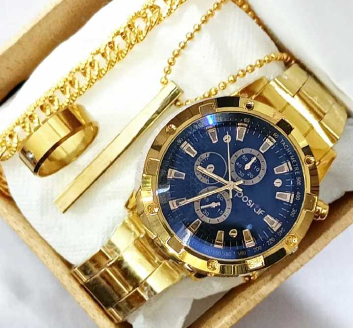 business steel straps round dial wrist watches hand watch-silver watch- men watches-watch for boys-watch for men-watch for kids-watch for young's-watch for boys + Bracelet + With Chain+Ring -High Quality In Random Dial watch  stylish-branded-watch