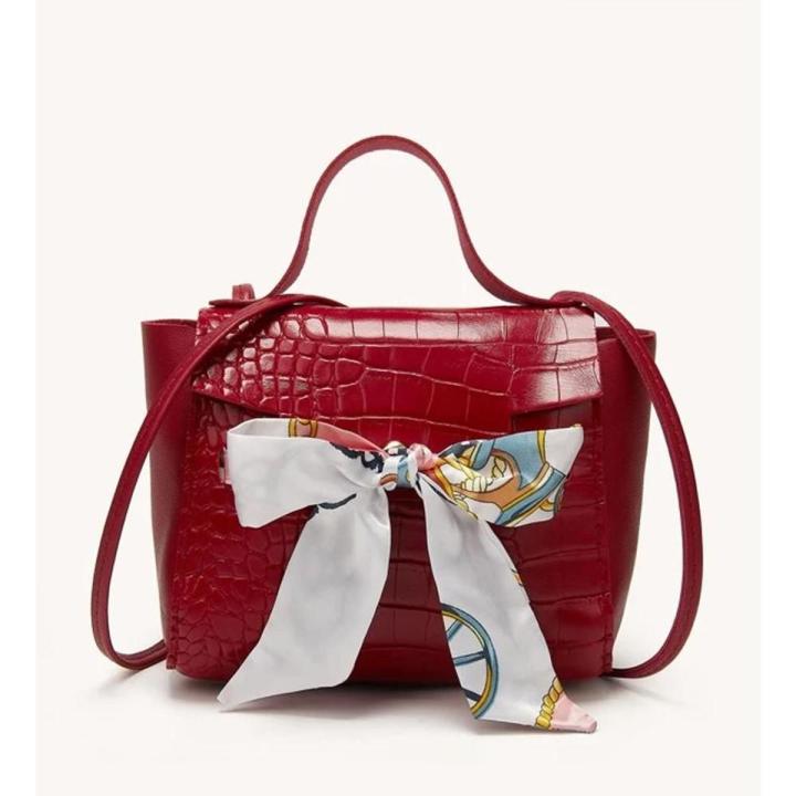 Shein- Twilly Scarf Decor Croc Embossed Satchel Bag