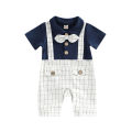 Baby Boy's Romper, Lapel Collar Short Sleeve Bow-Tied Plaid Printed One Piece Patchwork Jumpsuit. 