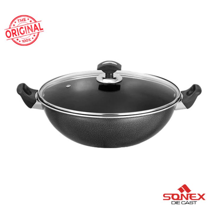 Cooking Wok, Sonex Non-Stick Cooking Wok Karahi with Glass Lid – PFOA ...