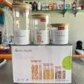 Pack of 3 Large, Medium and Small Square/Round Wooden Lid, Borosilicate Glass Jar Food Storage Containers Set, Airtight Food Jars with Kitchen Canisters for Sugar, Candy, Cookie, Rice and Spice Jars.. 