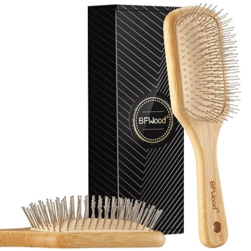 Bamboo Hair Brush with Steel Bristles, Help Hair Growth and Massaging Scalp, With Free Gift for Kids (Sticker, Golden Scarf pin, Bllaoon, Pair of Girls Hair Poni)By Mall City Zone