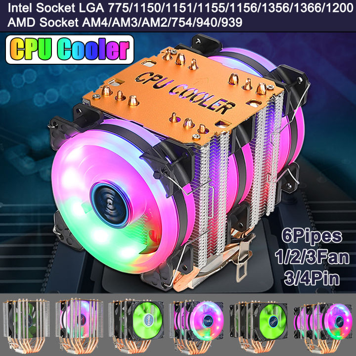 EVESKY CPU COOLING FAN 3 FANS 3/4 PIN 6 HEAT PIPES RGB SILENT COMPUTER CASE COOLER CPU HEATSINK FOR INTEL AMD CPU