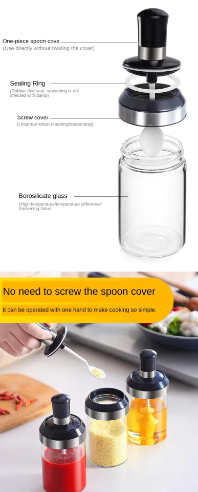 KITOME Condiment Spice Jar Container With Lids, Spoons And Tray, Clear Glass Seasoning Storage Box, Salt