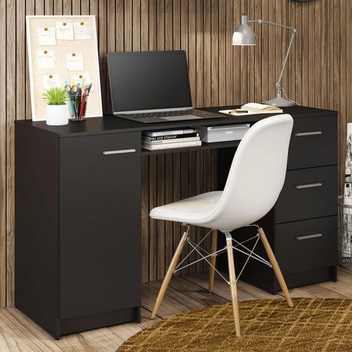 Modern Office Desk with Storage Drawers , Study Desk for Home Office, Simple Style PC Table with 3 Drawers, 1 Door and 1 Storage Shelf (White/Black)