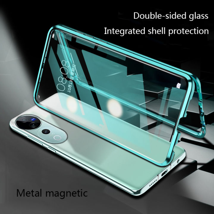 Biruiqu For VIVO V40 V40 Pro Magnetic Absorption Case Metal Frame Shockproof Double Sided Tempered Glass Magnetic Case Cover