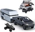 1:32 Diecast Tesla Cyber Truck with Quad Bike and Pickup Trailer RV Set Model Toy | Alloy Metal Body | Music and Lights. 