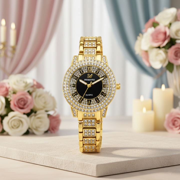 New Rhinestone Decor Round Girls Watch Women Quartz Dress Wristwatch Ladies Watch for Girls