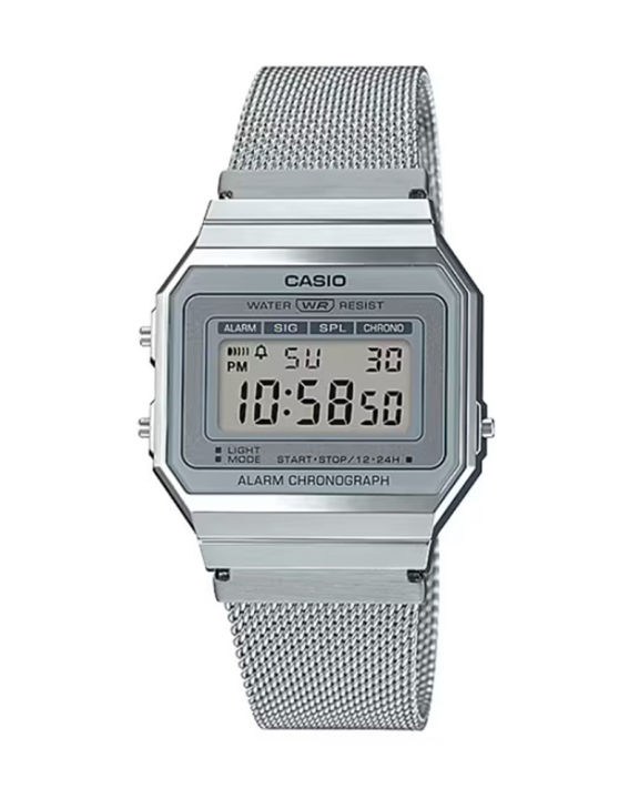 Casio General Vintage Silver Resin Digital Square Silver Mesh Stainless Steel Bracelet Watch-A700WM-7ADF