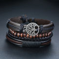 4-Piece Men’s Leather Wrap Bracelet Set – Vintage Tree of Life & Wood Beads. 