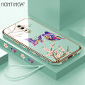 Hontinga for OPPO Reno Z Back Cover With Lanyard Luxury 6D Plating Shiny Pretty butterfly Case Soft Silicone Square Mobile Cover. 