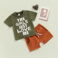 Baby Boys 2PCS Pants Set, Short Sleeve Letter Print O-Neck T-Shirt + Plain White Straps Short Pants, Toddler Boys Summer Clothes. 
