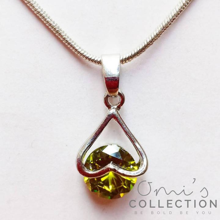 Zircon Stone Heart Green Locket Pendant Necklace For Women Girls Silver Jewelry with Box