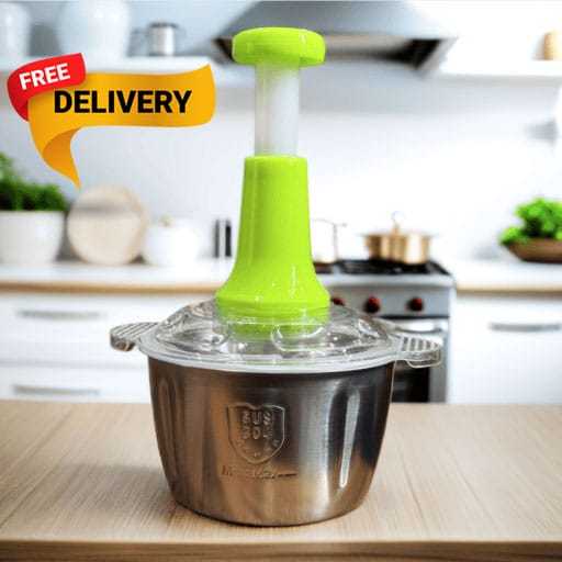 Manual Stainless Steel Multifunctional 2L Hand Push Chopper – 4 Curved Stainless Steel Blades, Meat & Vegetable Cutter, Portable Food Processor Bowl, Easy to Clean, Ideal for Kitchen Use