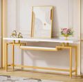 60 inch Long Sofa Console Table with 2 Tiers for Living Room, Entryway, Faux Marble White & Gold. 