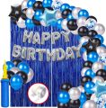 Beautiful happy birthday theme set 30 pcs balloon(10 pcs black,silver & light blue)  2 pcs foil star (light blue and black) silver happy birthday foil and 1 blue curtain. 