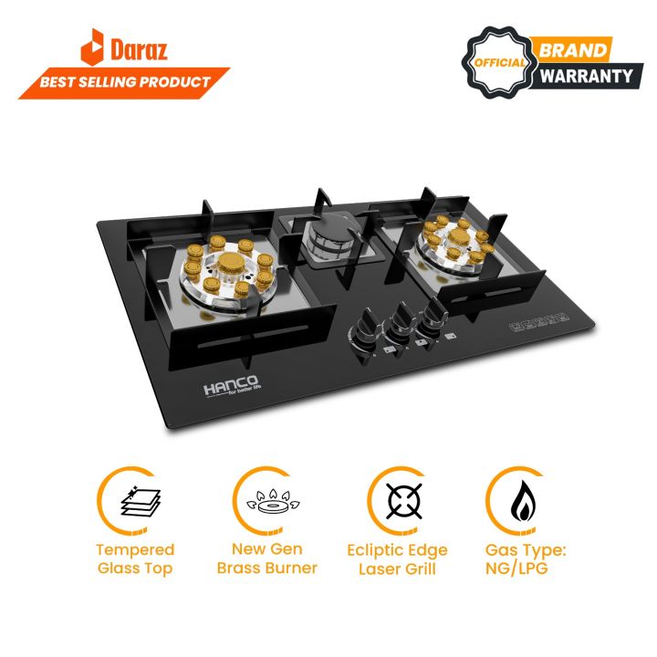 HANCO Tempered Glass Hob with Brass Burners (Model 607) - Auto Ignition Stove - Gas Type NG and LPG