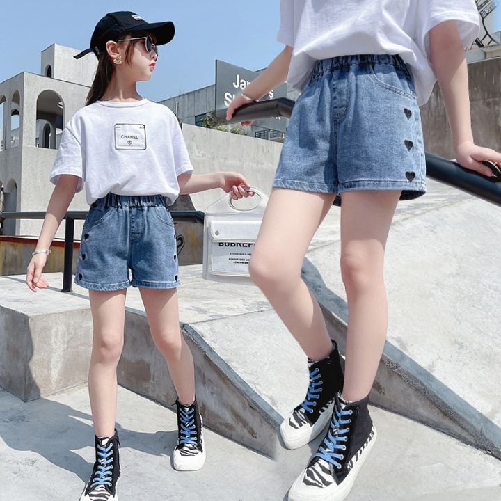 Girls denim shorts summer thin middle big kids baby little girls embroidered hot pants outside wear children's pants wholesale