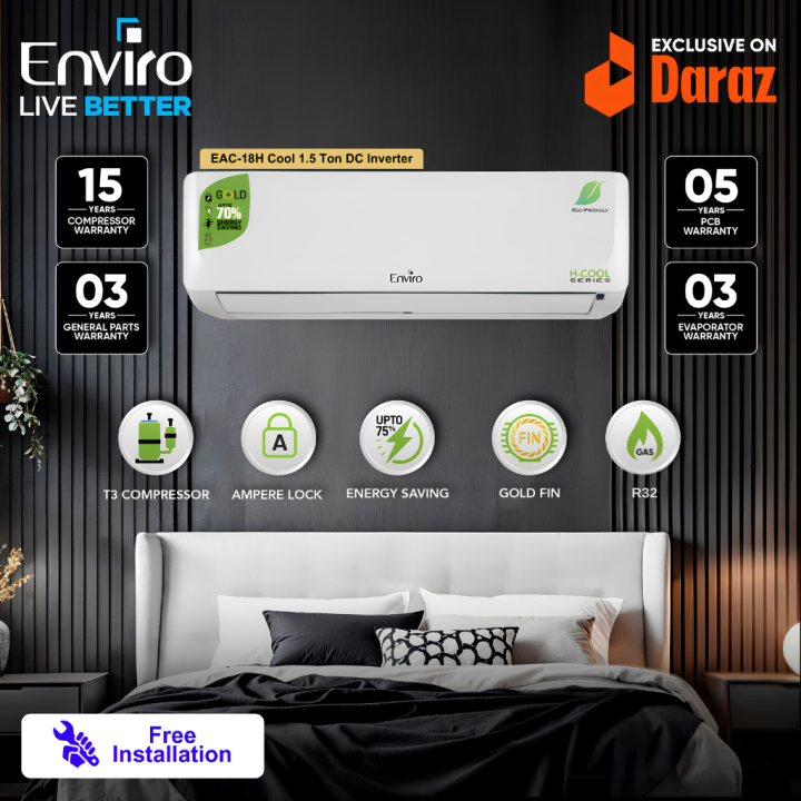 Enviro 1 Ton DC Inverter Split Air Conditioner 12000 BTU | EAC-12H Cool H&C | T3 Compressor | R32 Refrigerant | 70% Energy Saving | Turbo Cooling | Self Cleaning | Golden Fin