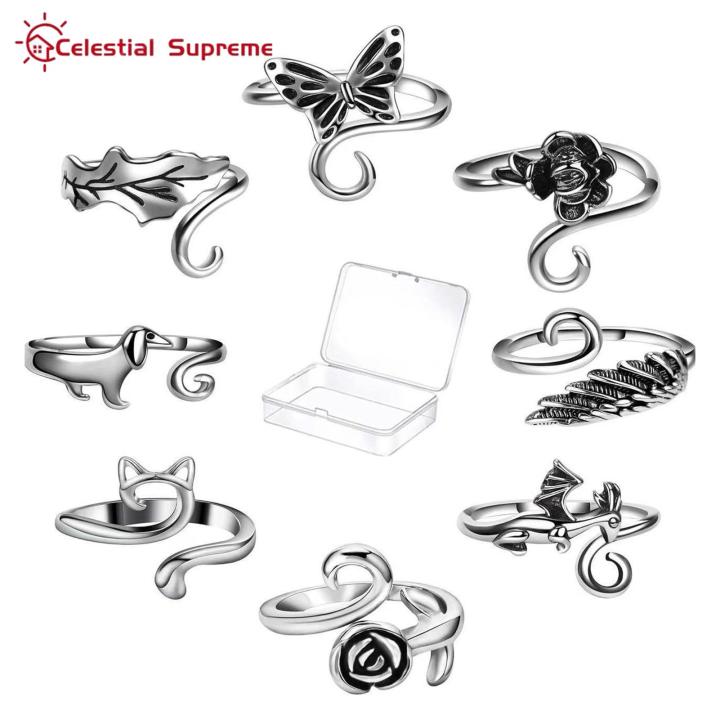 Crochet Hook Finger Protector 8 Pcs Crochet Thread Animal Rings Set Adjustable Knitting Accessories for Holloween Yarn Tension Rings Rust-proof Crochet Ring