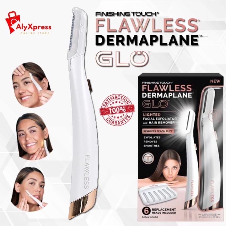 Flawless Dermaplane Glo Razor (It's NOT MACHINE) Lighted Finishing Touch Facial Razor with 6 Replacement Heads Face Hair Removal