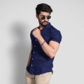 Navy Cuban Collar Casual Shirt. 