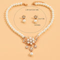 1Set Women Necklace Beaded Glossy Faux Pearls Rhinestone Embedded Flower Bride Necklace Stud Earrings Kit Qoddess. 