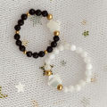 Fashion Natural Stone Moonstone Obsidian Rings For Women Girls Stainless Steel Beaded Ring Wedding Party Jewelry Gift Wholesale. 