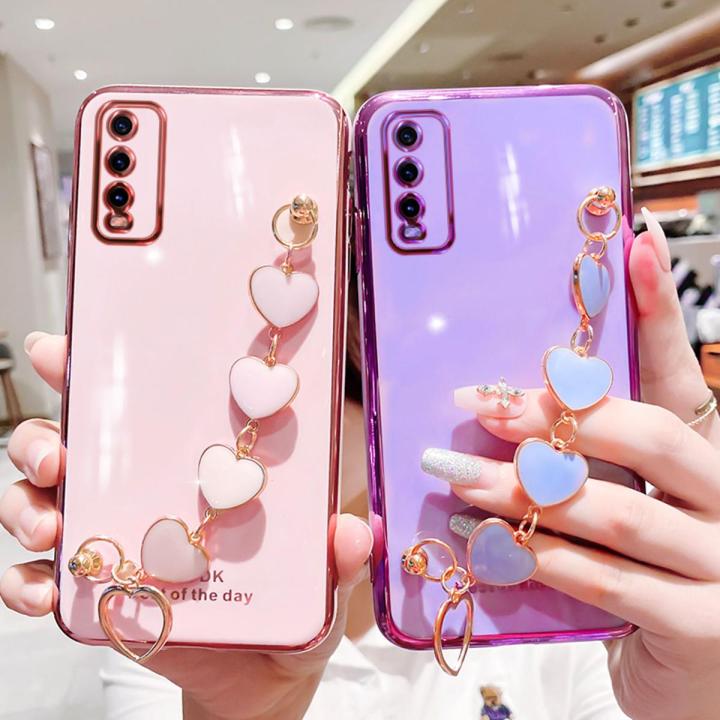 For Vivo Y20 2021 Back Cover with 3D Love Heart Wristband Chain Fashion Bracelet Shiny Plating Phone Case Soft Silicone Bumper Protective Cover