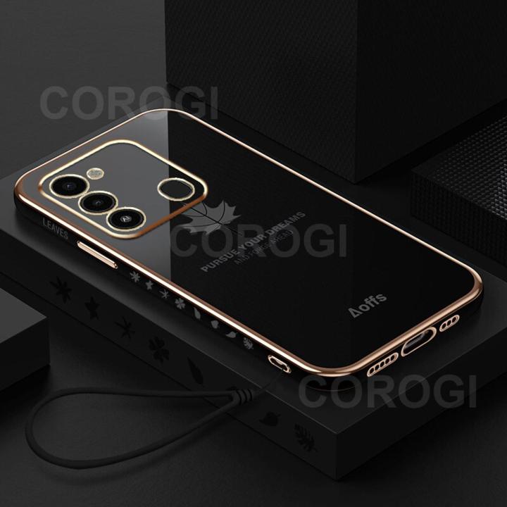 For Tecno Spark 8C Back Cover + Hand Strap Fashion Shiny 6D Plating Maple Leaves Protective Case Square Bumper Soft Silicone Mobile Phone Cases