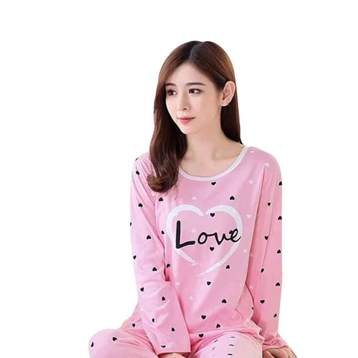 Pink Heart Love Printed Design Pink Colour Full Sleeves Ladies Night Suit For Girls and Womens (HN-06)