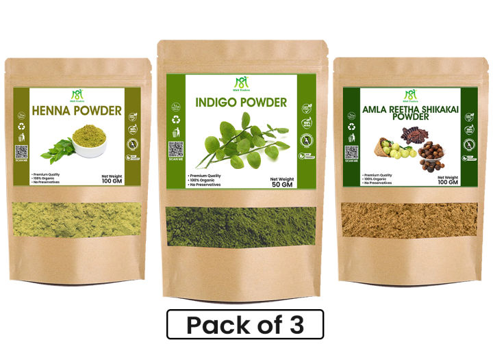 Pack of 3 Indigo Leaves Powder Wasma Herbal Hair Dyes + Organic Henna Mehndi Powder + Mix Amla Reetha Shikakai Powder