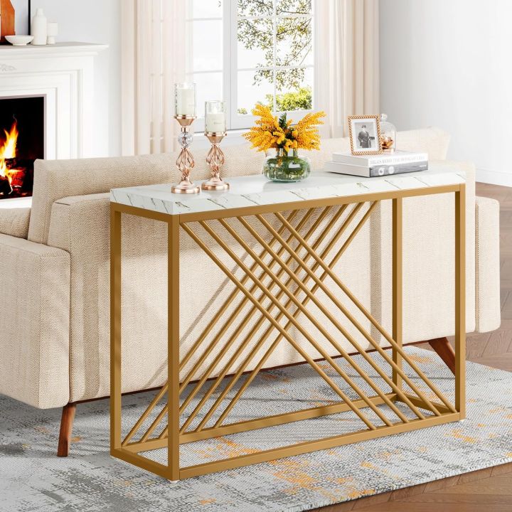 Tribesigns 42.5 Inches White Console Table, Modern Gold Sofa Table, Narrow Entryway Table with Metal Frame for Living Room, Hallway, Entryway, White & Gold