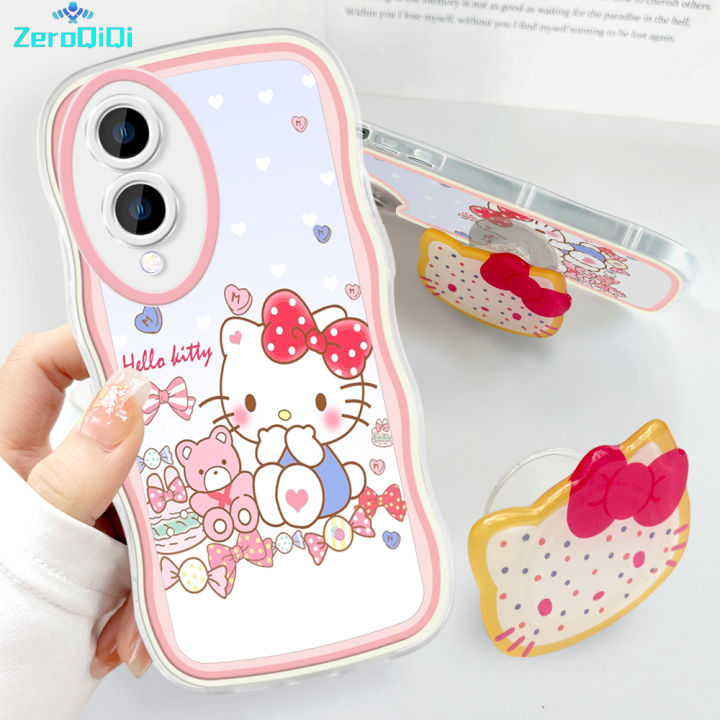 ZeroQiQi for Vivo Y17S Back Cover With Free Holder Cute Kitty Wavy Wavy Phone Case Camera Protection Transparent TPU Soft Cover for Girls
