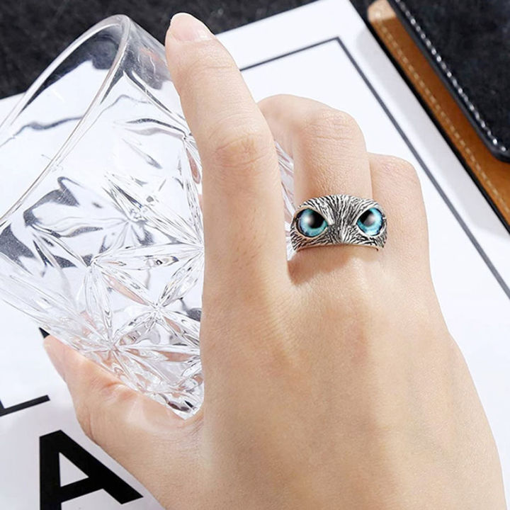 Vintage Animal Open Adjustable Blue Eyes Owl Ring Men and Women Jewelry Party Gift Qoddess