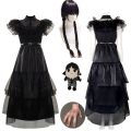 Wednesday Addams Cosplay Costume Black Short Sleeve Ball Dress Outfits for Women Kids Halloween Evening Party Roleplay wigs. 