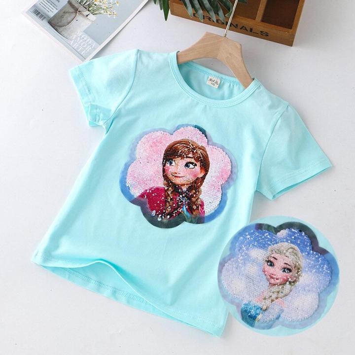 【BestGO】Summer Girls T Shirts Frozene Anna Elsa Princess Reversible Sequin Girls T-shirts  Color Short Sleeve Tees Children Kids Tops Clothes 2-8 yrs