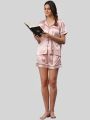 Pink Solid Color Satin Silk Shirt & Shorts Nightsuit For Women. AF-038PNK. 