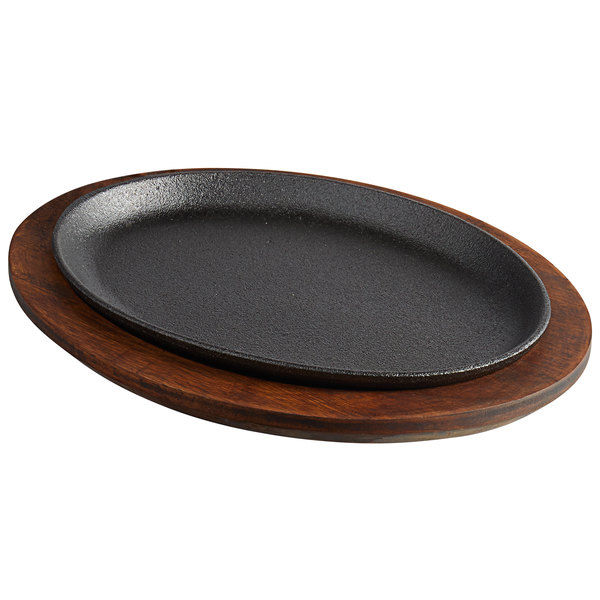 Sizzler plate with Wooden Base 31 cm x 18 cm | Wooden Sizzler Plate | Steak Sizzle | Non Stick Sizzling Platter