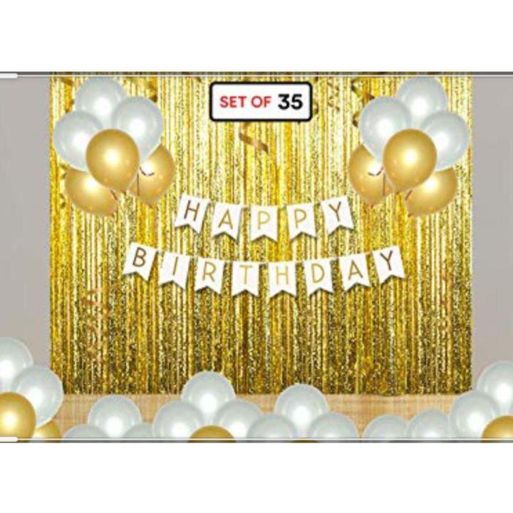 White Happy Birthday Banner with Background Golden Curtain and Balloons  Set