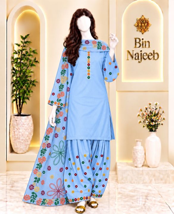 Bin Najeeb Women’s 3 Piece Embroidered Suit – Printed Kurta, Palazzo & Dupatta