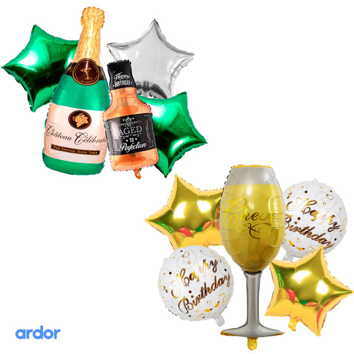Wine Bottle, Wine Glass 5 pcs Foil Balloons Set l Birthday, Bachelorette Party Decor
