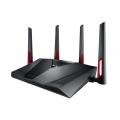 AC3100 Dual Band Gigabit WiFi Gaming Router with MU-MIMO, supporting AiProtection network security by Trend Micro, AiMesh for mesh WiFi system, and WTFast game accelerator. 