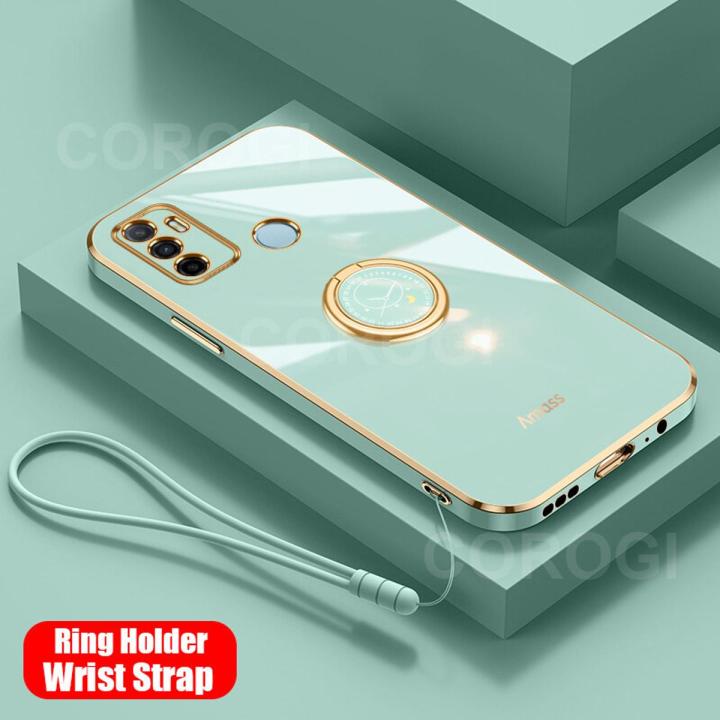 For OPPO A53 2020 Back Cover with Ring Holder Stand + Wrist Strap Shiny Plating Square Bumper Protective Case Soft Silicone Shockproof Mobile Phone Cases