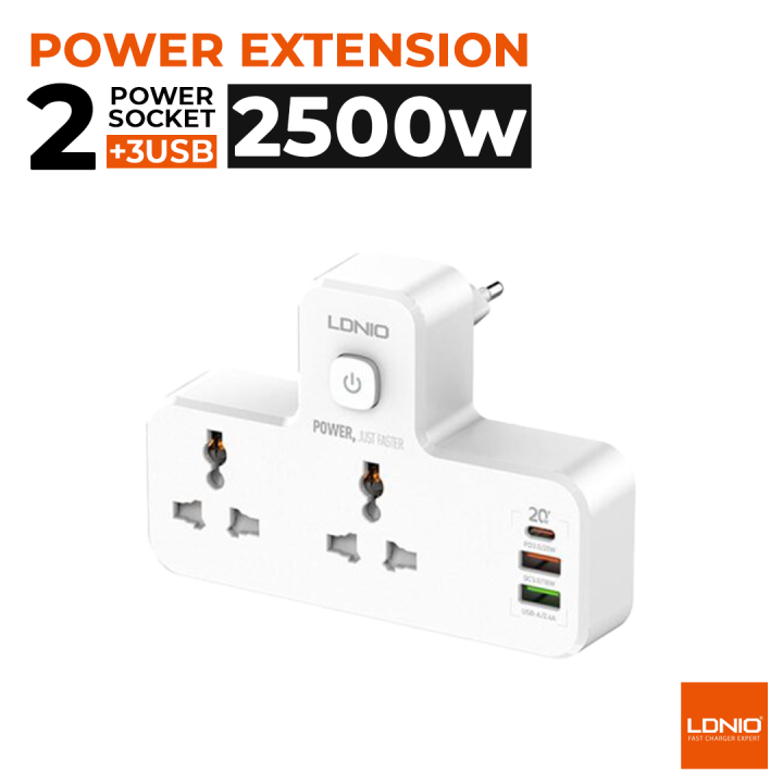 Ldnio SC2311 20W 3-Port USB Charger Extension Power Strip With 1 * 20W USB-C PD Power Delivery / 1 * 18W USB QC3.0 / 1 * USB-A & 2 Power Sockets | LDNIO SC2311 2 AC Outlets Portable Extension Power Socket | Ldnio | Ldnio SC2311 | Ldnio portable Extension
