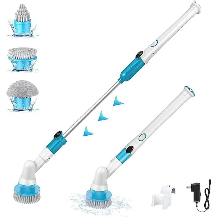 Electric Spin Scrubber,Long Handled Cleaning Brush Electric Chargeable Cleaning Brush Drill Brush Abstract Plastic Electric Spin Scrubber Machine Floor Tiles Cleaner Tool with 3 Replaceable Brushes and Long Extension