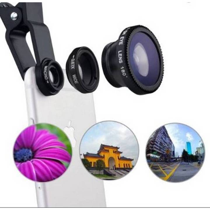 Mobile Camera Lens Selfie Mobile  3 In 1 - Clear Zoom Phone Clip Lenses Fish Eye Wide Angle Macro Camera